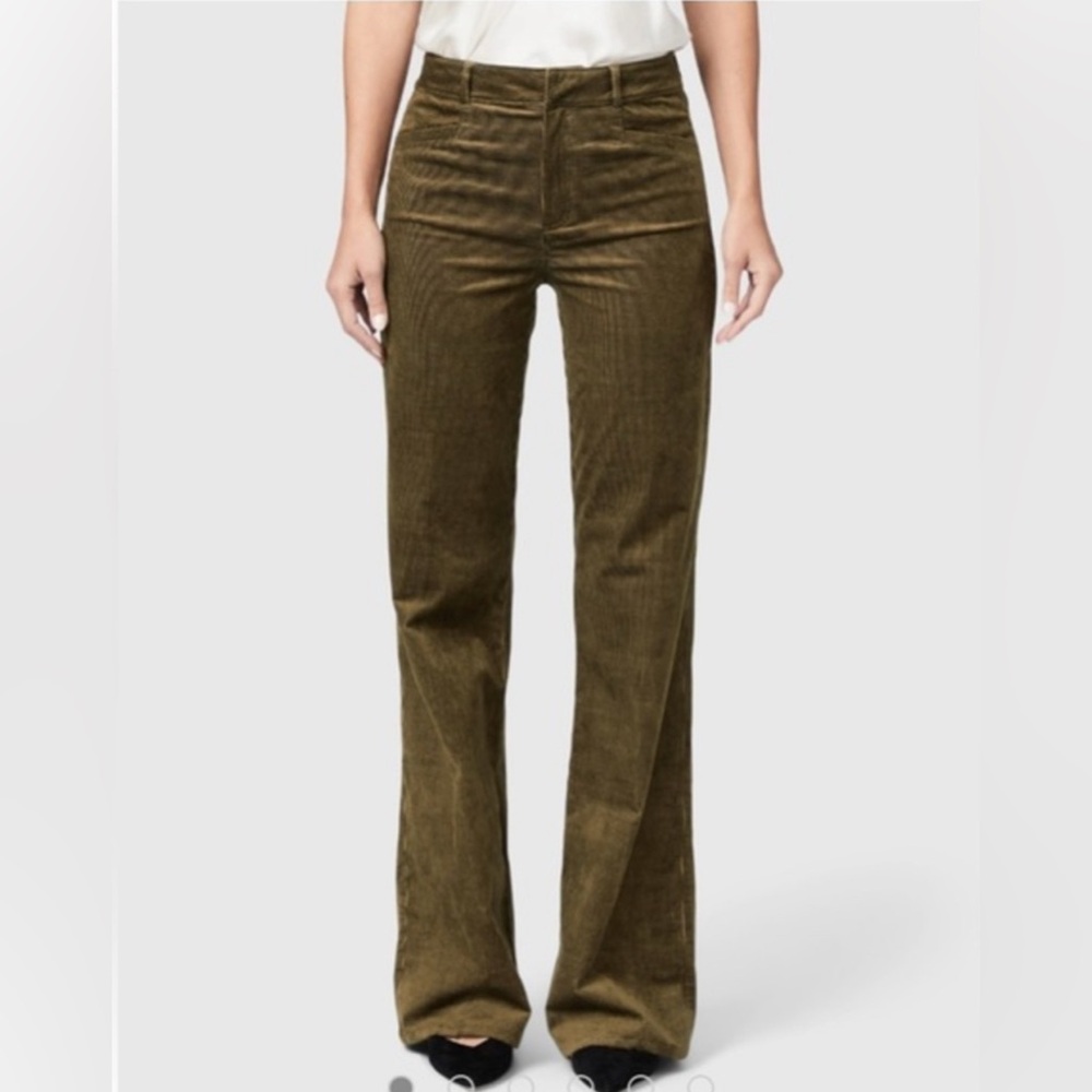 PAIGE NWT Brushed Velvet Corduroy Flared Dark Olive Leenah Trousers Size 31